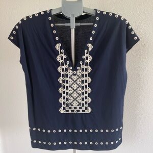 J. Crew Navy Blouse-Tee with White Embroidery